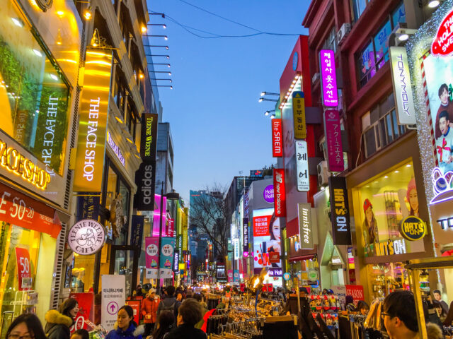 Myeongdong shopping street at night in Seoul, South Korea