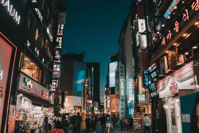 shopping street at night in Seoul, South Korea