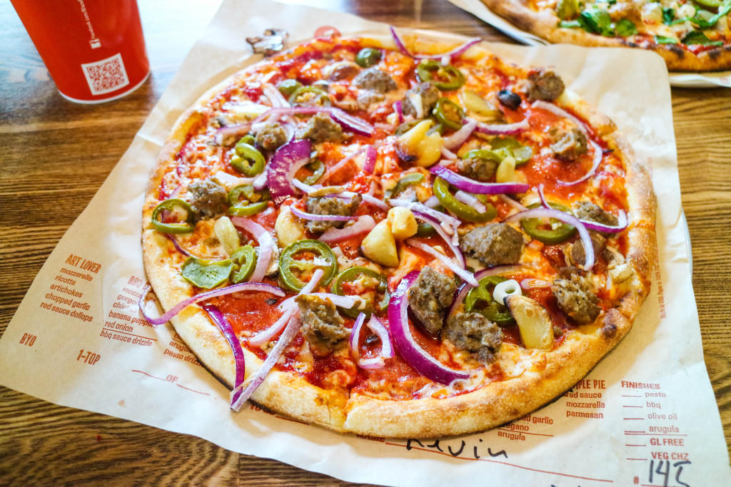 Meat lover pizza at Blaze Pizza in Calgary, Canada