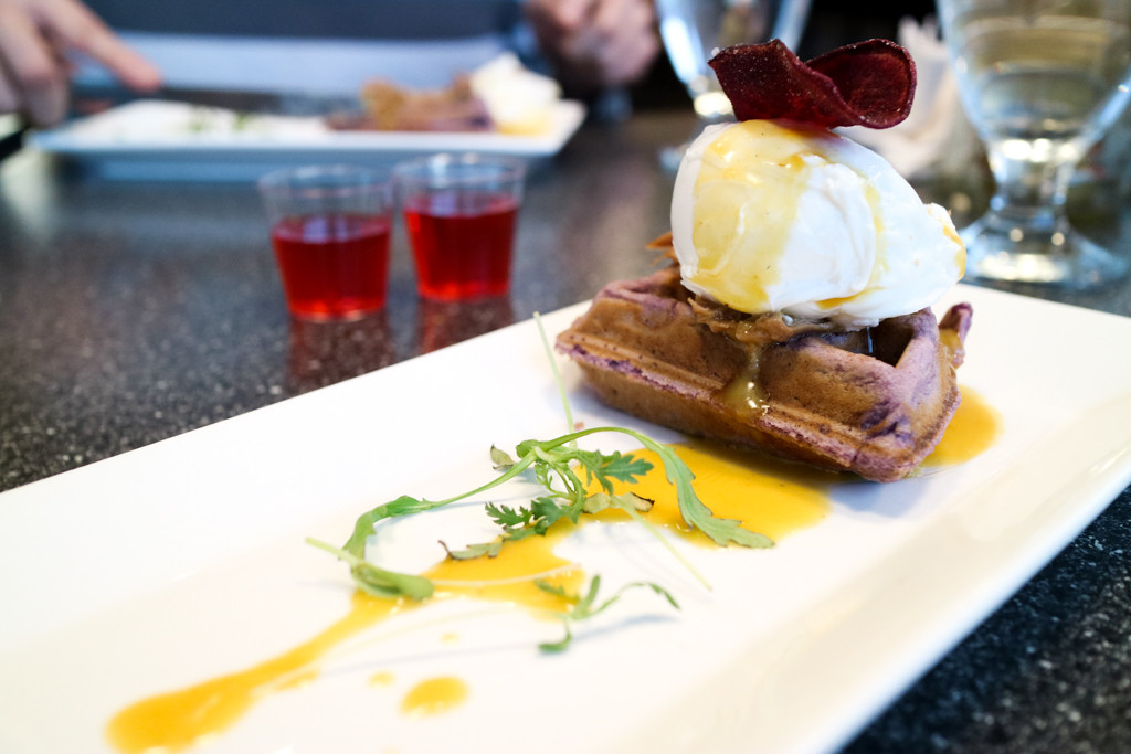 Duck confit yam waffle from Filipino Tikim Dinner at Brokin Yolk, Calgary