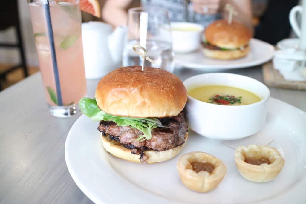 One punch lunch at Klein/Harris Calgary, featuring pork burger, soup and mini butter tarts