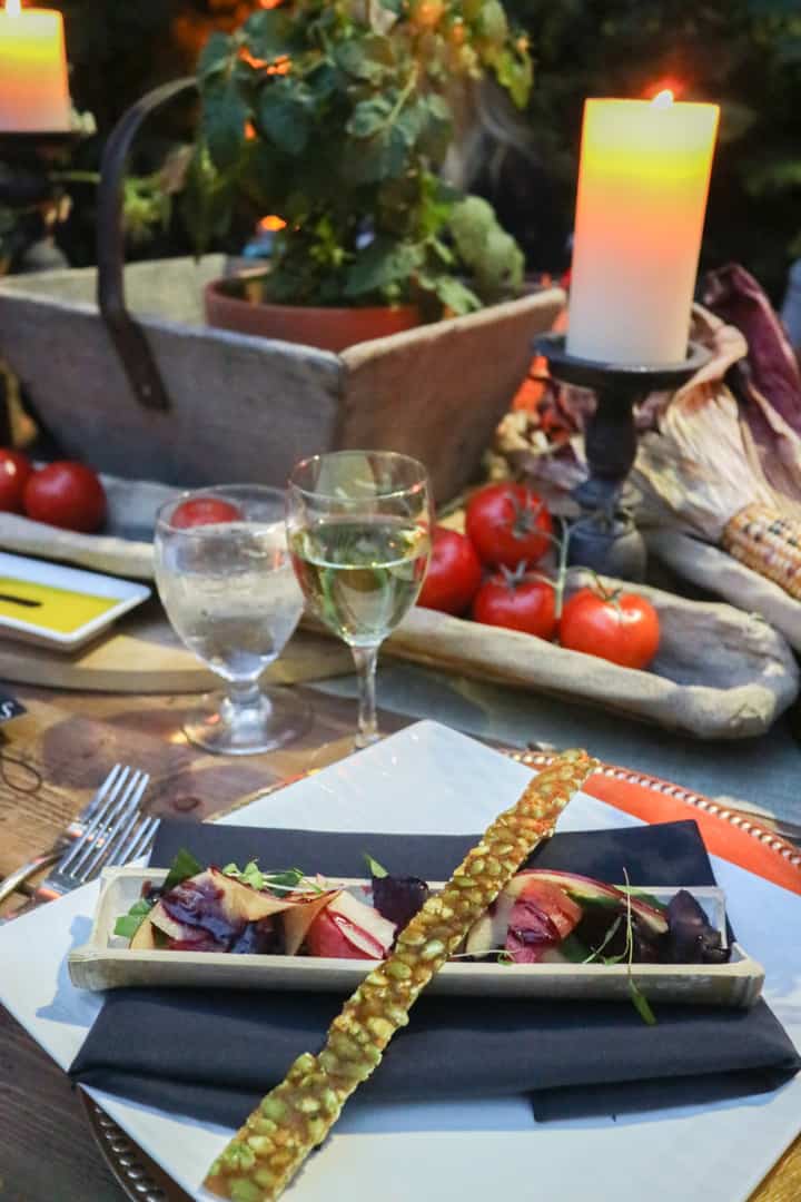 1st Course at Ford's Farm-To-Car Dinner: Dandelion greens, apple wedges, roasted beets, mulled red wine and sugar cane gastrique, pumpkin seed brittle. 