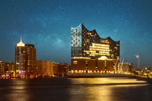 Hamburg Elbphilharmonie at night from Hafen