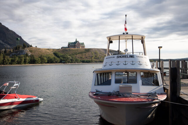 waterton shoreline cruise docked in front of prince of wales hotel